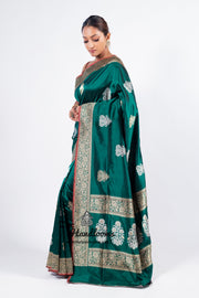 Green Pure Katan Silk Banarasi Handloom Saree - All over Sona Roopa Kadua motifs - The Handlooms