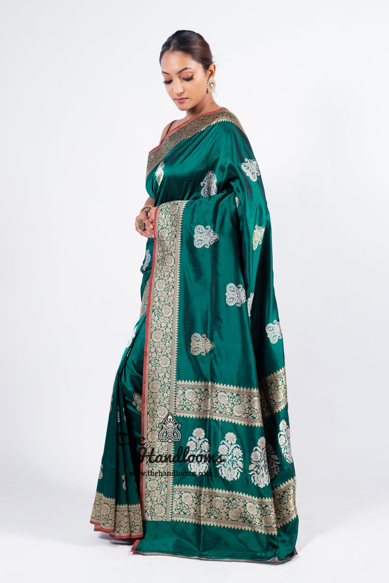 Green Pure Katan Silk Banarasi Handloom Saree - All over Sona Roopa Kadua motifs - The Handlooms