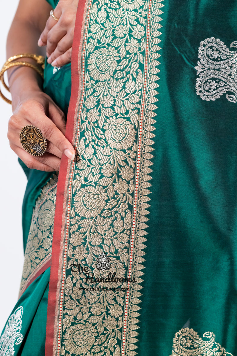 Green Pure Katan Silk Banarasi Handloom Saree - All over Sona Roopa Kadua motifs - The Handlooms