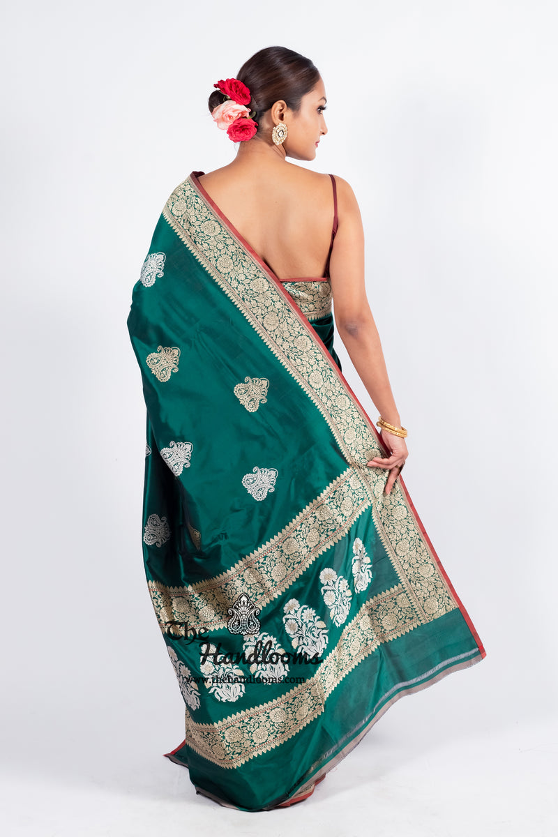 Green Pure Katan Silk Banarasi Handloom Saree - All over Sona Roopa Kadua motifs - The Handlooms