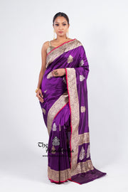 Purple Pure Katan Silk Banarasi Handloom Saree - All over Sona Roopa Kadua motifs - The Handlooms
