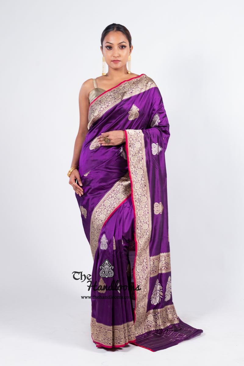 Purple Pure Katan Silk Banarasi Handloom Saree - All over Sona Roopa Kadua motifs - The Handlooms