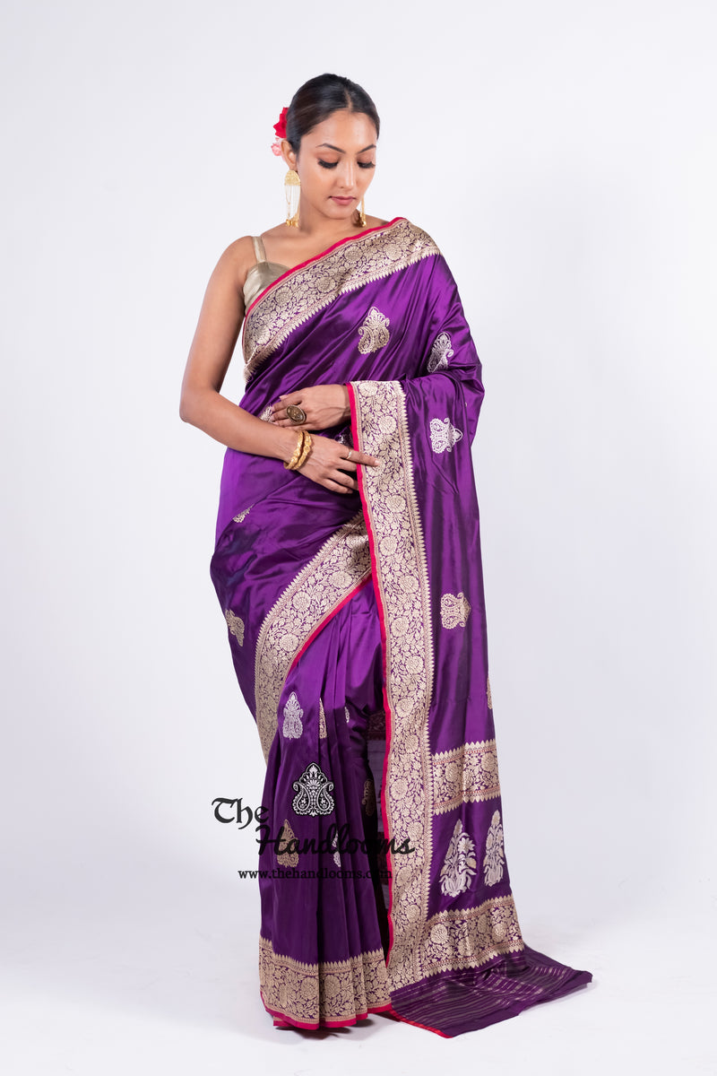 Purple Pure Katan Silk Banarasi Handloom Saree - All over Sona Roopa Kadua motifs - The Handlooms