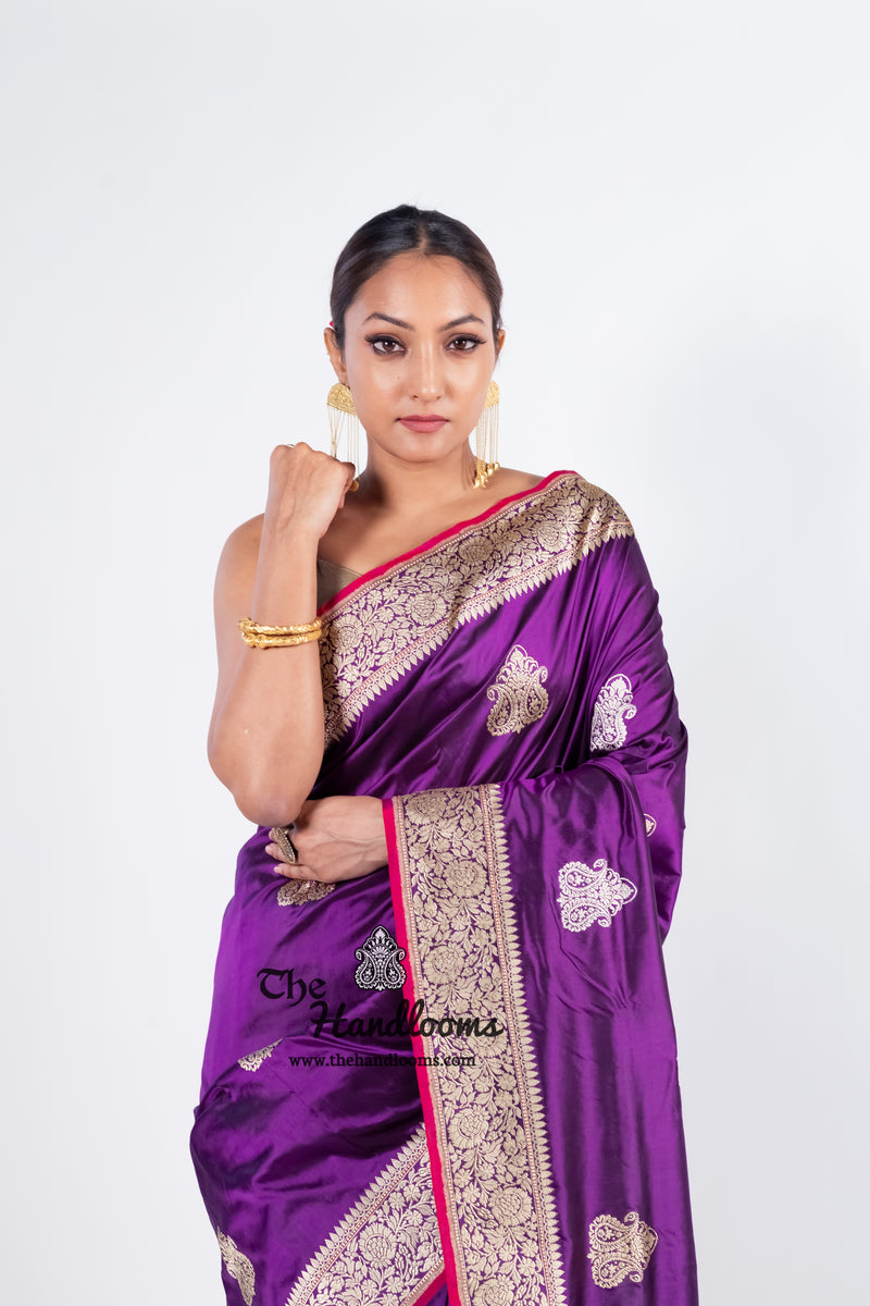Purple Pure Katan Silk Banarasi Handloom Saree - All over Sona Roopa Kadua motifs - The Handlooms