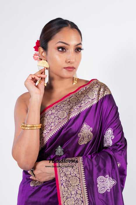 Purple Pure Katan Silk Banarasi Handloom Saree - All over Sona Roopa Kadua motifs