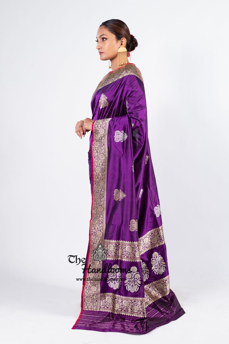 Purple Pure Katan Silk Banarasi Handloom Saree - All over Sona Roopa Kadua motifs - The Handlooms