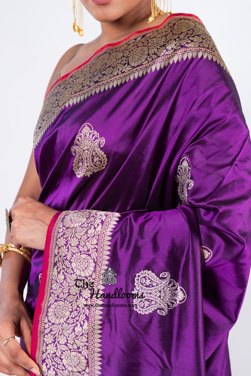Purple Pure Katan Silk Banarasi Handloom Saree - All over Sona Roopa Kadua motifs - The Handlooms