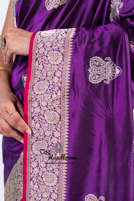 Purple Pure Katan Silk Banarasi Handloom Saree - All over Sona Roopa Kadua motifs