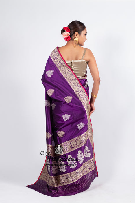 Purple Pure Katan Silk Banarasi Handloom Saree - All over Sona Roopa Kadua motifs