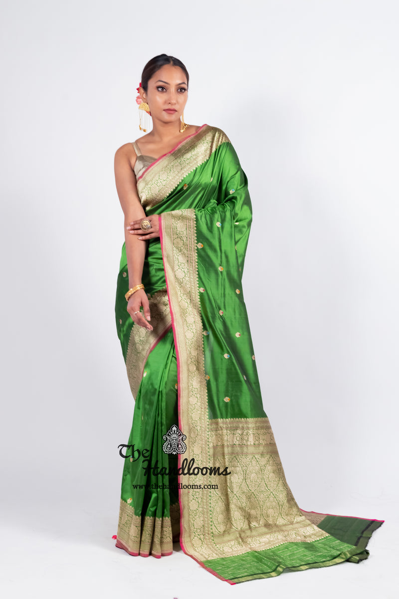 Green Pure Katan Silk Banarasi Handloom Saree - All over Kadua motifs With Meenakari - The Handlooms