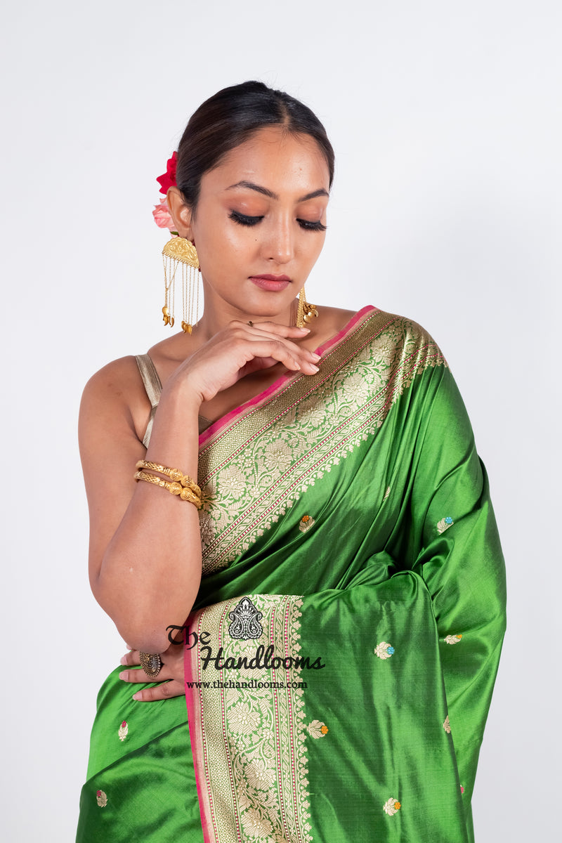 Green Pure Katan Silk Banarasi Handloom Saree - All over Kadua motifs With Meenakari - The Handlooms
