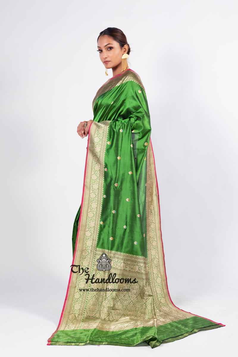 Green Pure Katan Silk Banarasi Handloom Saree - All over Kadua motifs With Meenakari - The Handlooms