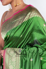 Green Pure Katan Silk Banarasi Handloom Saree - All over Kadua motifs With Meenakari - The Handlooms