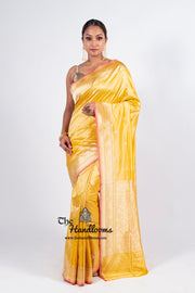 Yellow Pure Katan Silk Banarasi Handloom Saree - All over Kadua motifs With Meenakari - The Handlooms