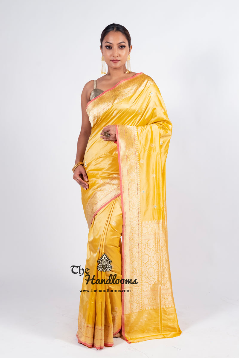Yellow Pure Katan Silk Banarasi Handloom Saree - All over Kadua motifs With Meenakari - The Handlooms