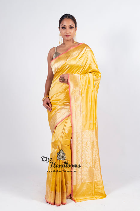 Yellow Pure Katan Silk Banarasi Handloom Saree - All over Kadua motifs With Meenakari