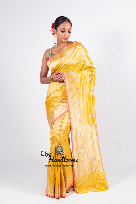 Yellow Pure Katan Silk Banarasi Handloom Saree - All over Kadua motifs With Meenakari