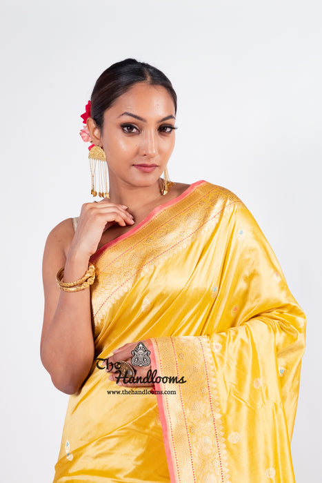 Yellow Pure Katan Silk Banarasi Handloom Saree - All over Kadua motifs With Meenakari