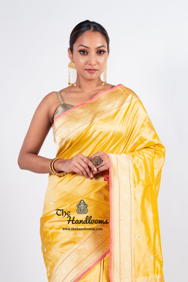 Yellow Pure Katan Silk Banarasi Handloom Saree - All over Kadua motifs With Meenakari - The Handlooms
