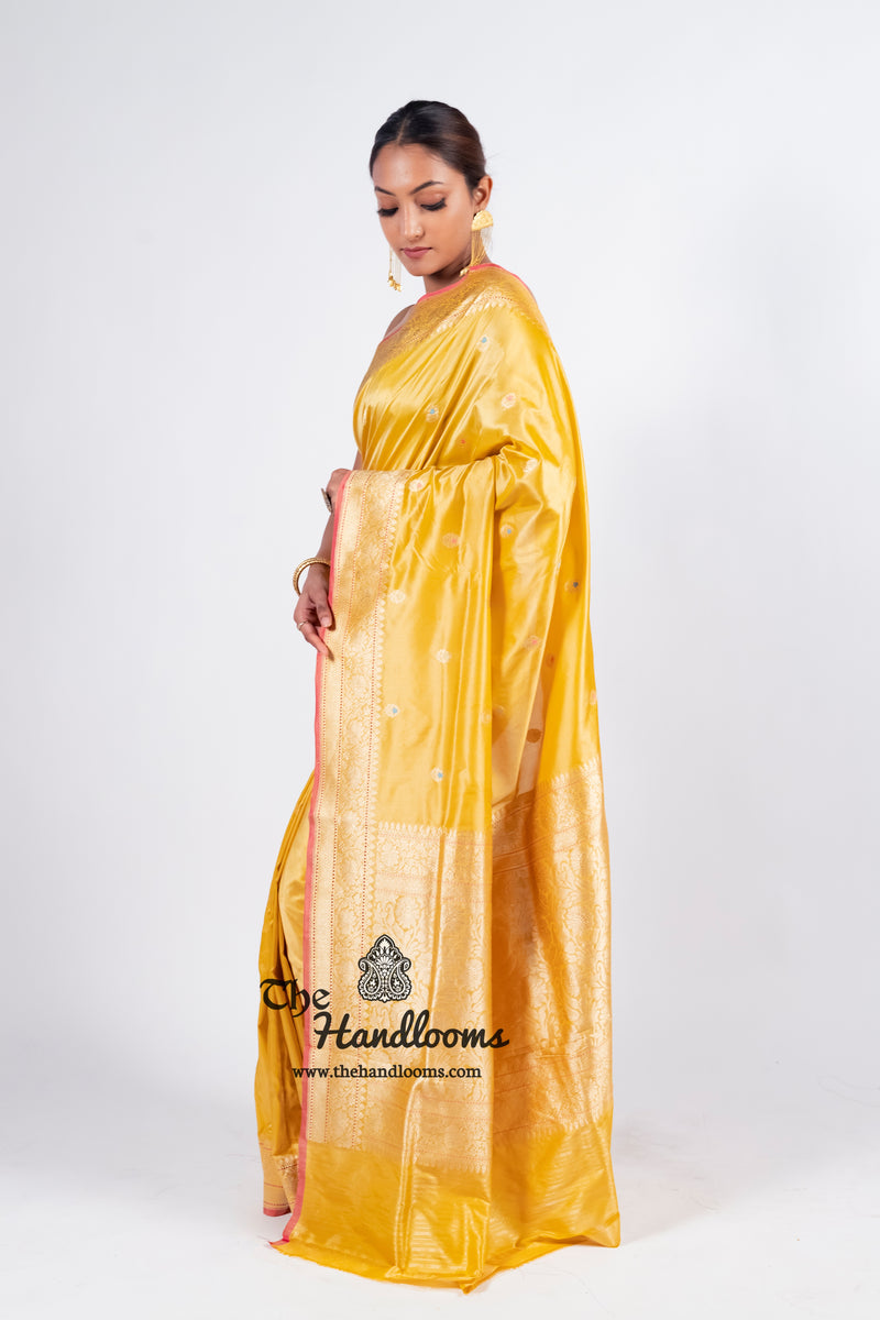 Yellow Pure Katan Silk Banarasi Handloom Saree - All over Kadua motifs With Meenakari - The Handlooms