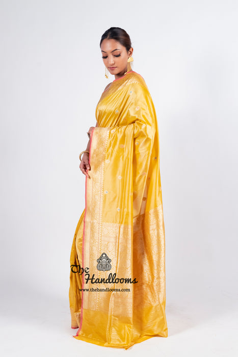 Yellow Pure Katan Silk Banarasi Handloom Saree - All over Kadua motifs With Meenakari