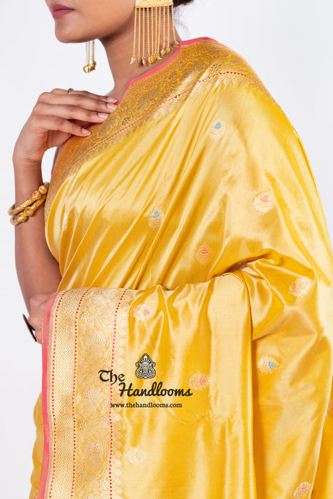 Yellow Pure Katan Silk Banarasi Handloom Saree - All over Kadua motifs With Meenakari