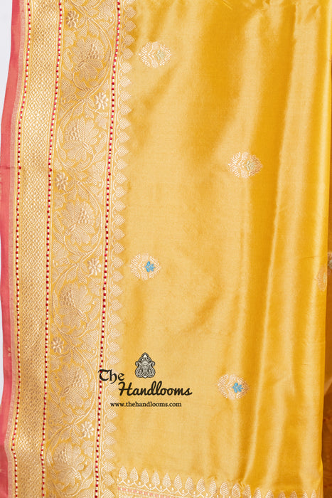 Yellow Pure Katan Silk Banarasi Handloom Saree - All over Kadua motifs With Meenakari