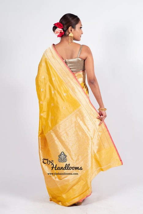 Yellow Pure Katan Silk Banarasi Handloom Saree - All over Kadua motifs With Meenakari