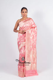 Onion Pink Pure Katan Silk Banarasi Handloom Saree - All over Sona Roopa Jaal work - The Handlooms