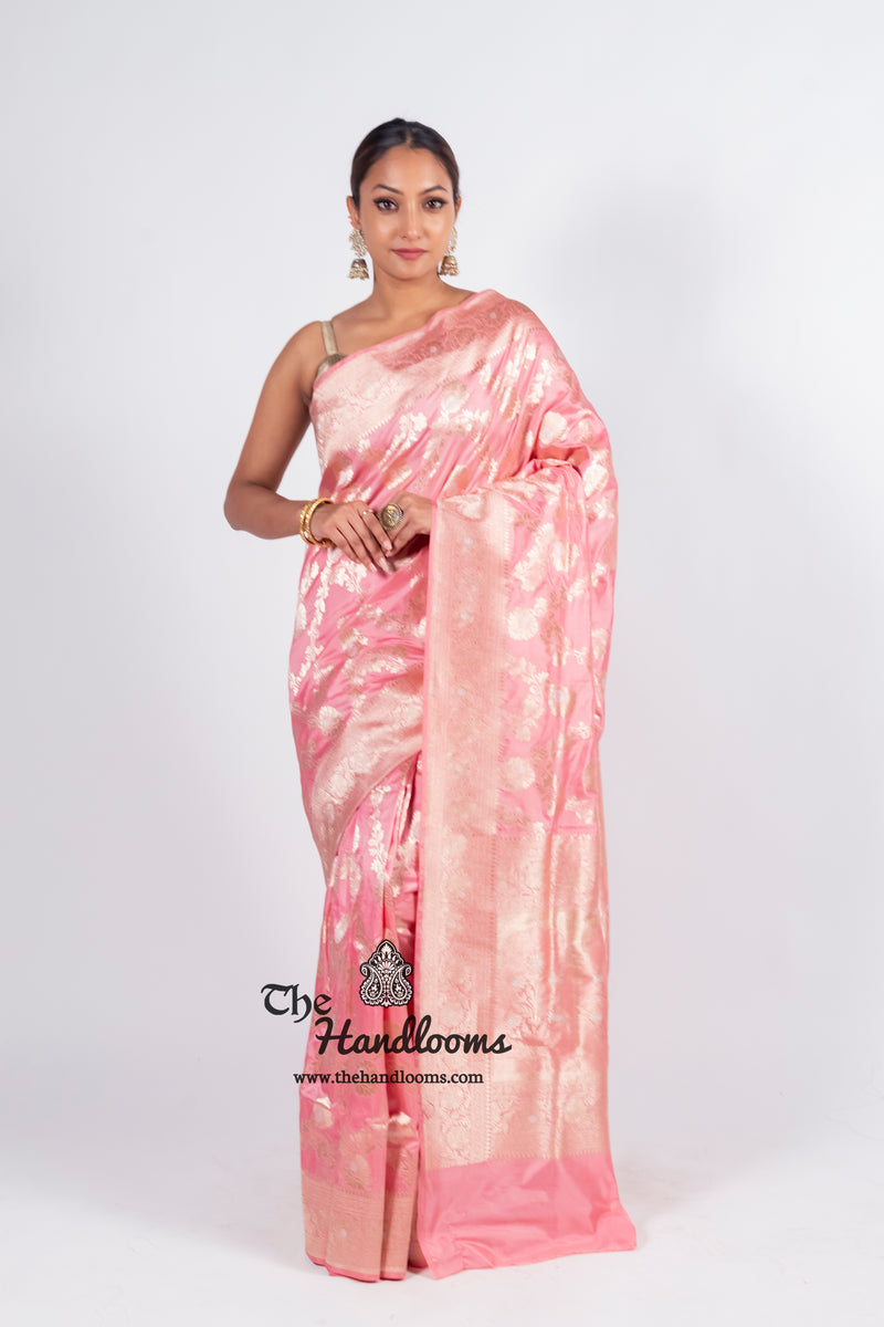 Onion Pink Pure Katan Silk Banarasi Handloom Saree - All over Sona Roopa Jaal work - The Handlooms