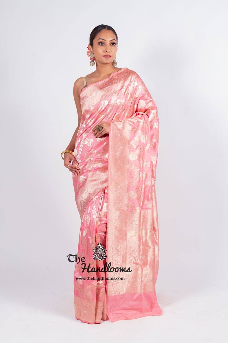 Onion Pink Pure Katan Silk Banarasi Handloom Saree - All over Sona Roopa Jaal work - The Handlooms