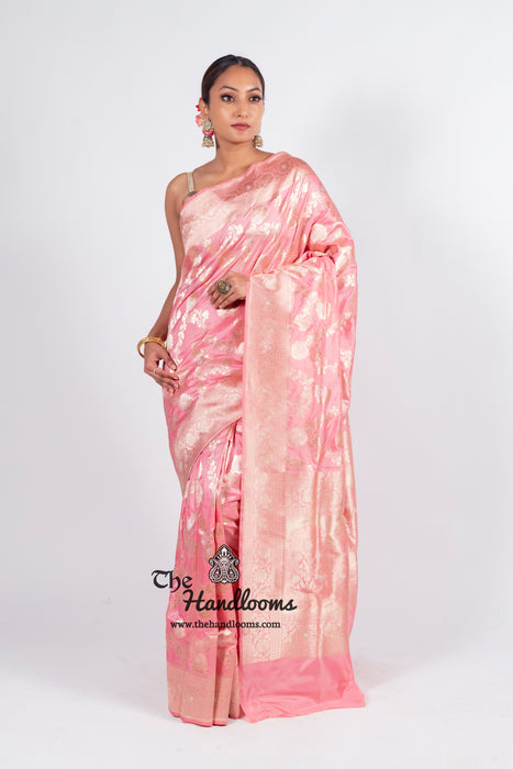 Onion Pink Pure Katan Silk Banarasi Handloom Saree - All over Sona Roopa Jaal work