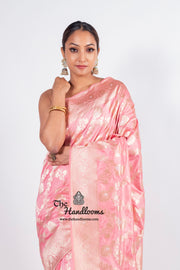 Onion Pink Pure Katan Silk Banarasi Handloom Saree - All over Sona Roopa Jaal work - The Handlooms