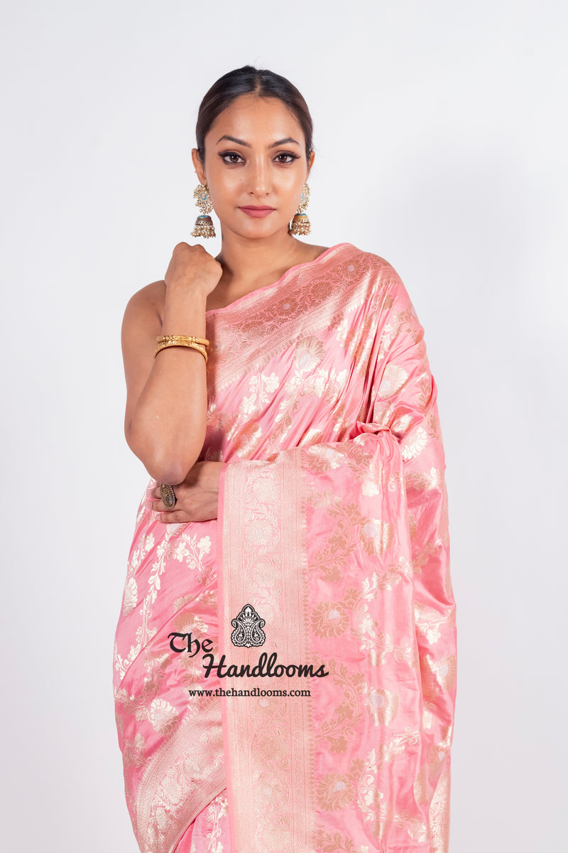 Onion Pink Pure Katan Silk Banarasi Handloom Saree - All over Sona Roopa Jaal work - The Handlooms