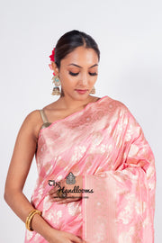 Onion Pink Pure Katan Silk Banarasi Handloom Saree - All over Sona Roopa Jaal work - The Handlooms