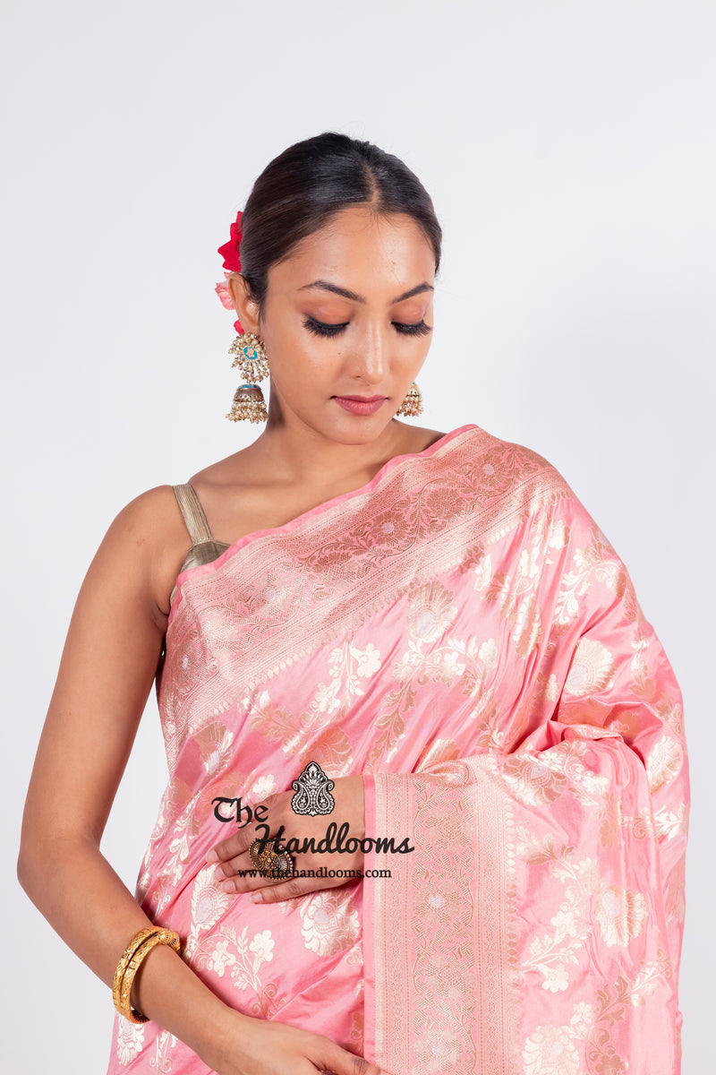 Onion Pink Pure Katan Silk Banarasi Handloom Saree - All over Sona Roopa Jaal work - The Handlooms