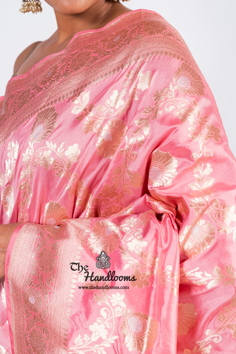 Onion Pink Pure Katan Silk Banarasi Handloom Saree - All over Sona Roopa Jaal work - The Handlooms