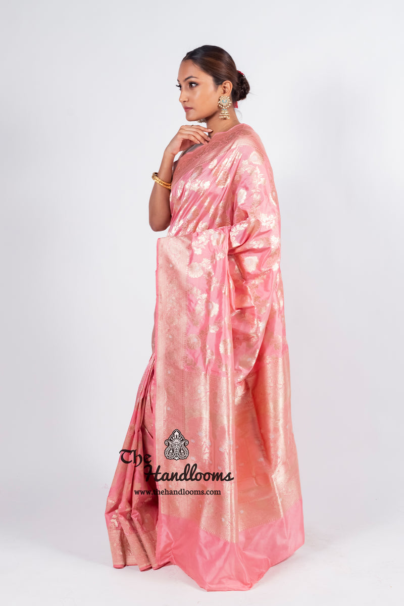 Onion Pink Pure Katan Silk Banarasi Handloom Saree - All over Sona Roopa Jaal work - The Handlooms