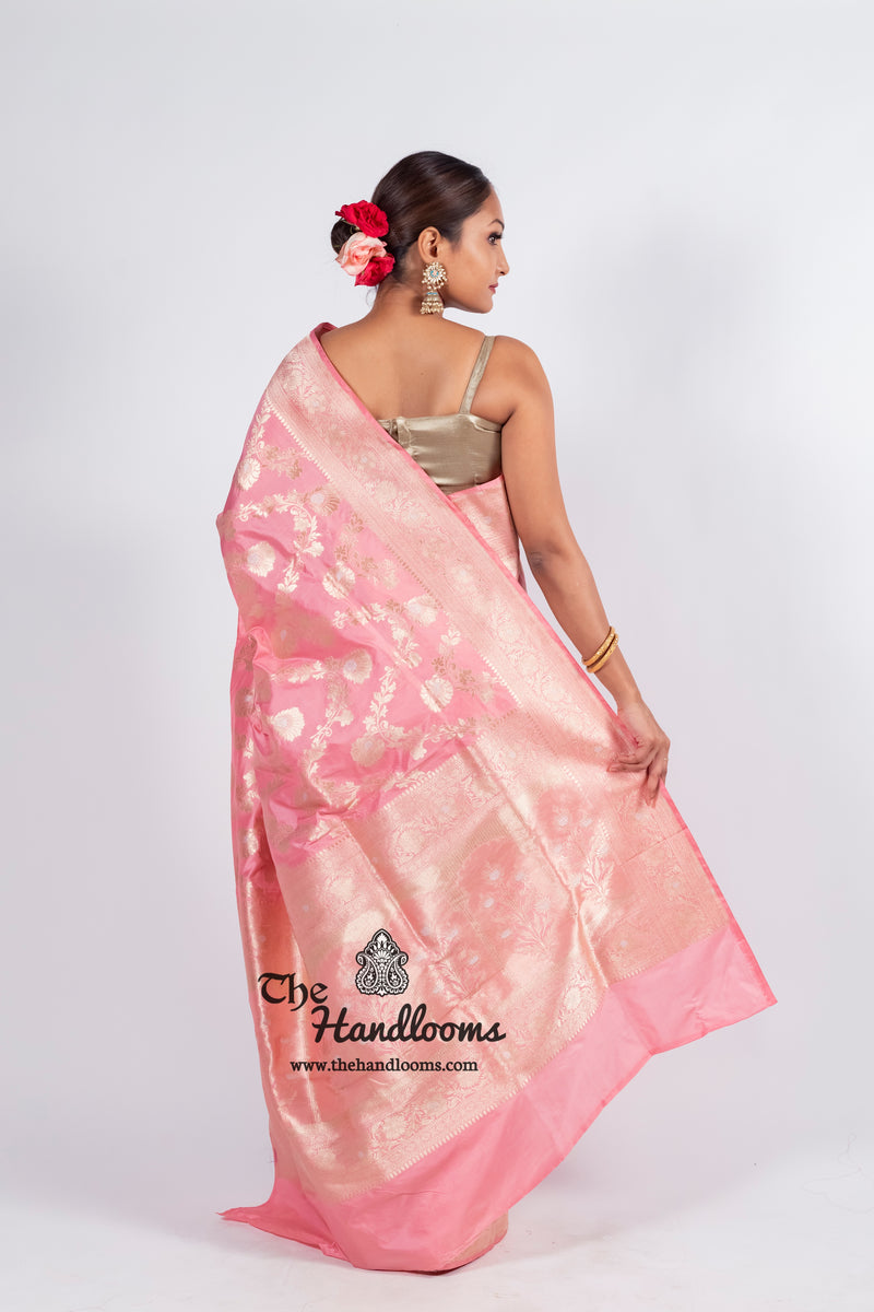 Onion Pink Pure Katan Silk Banarasi Handloom Saree - All over Sona Roopa Jaal work - The Handlooms
