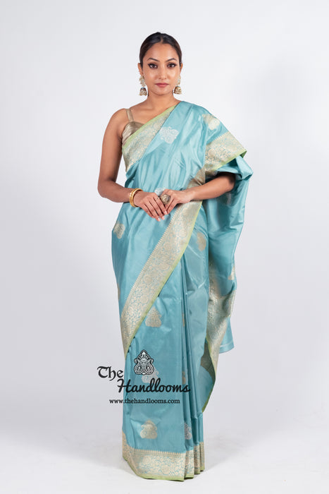 Aqua Blue Pure Katan Silk Banarasi Handloom Saree - All over Sona Roopa Kadua motifs