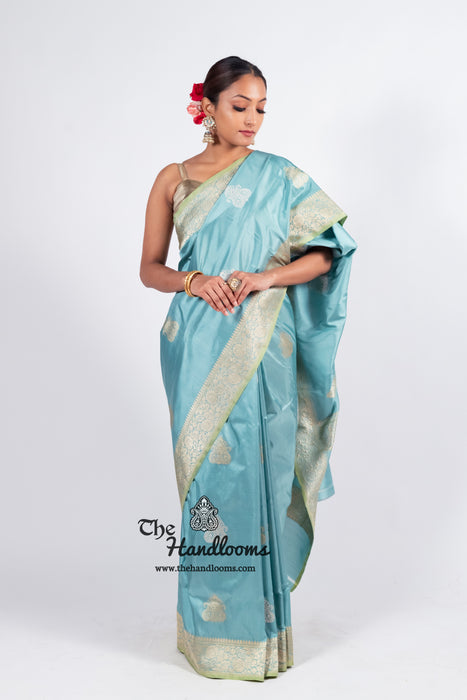 Aqua Blue Pure Katan Silk Banarasi Handloom Saree - All over Sona Roopa Kadua motifs