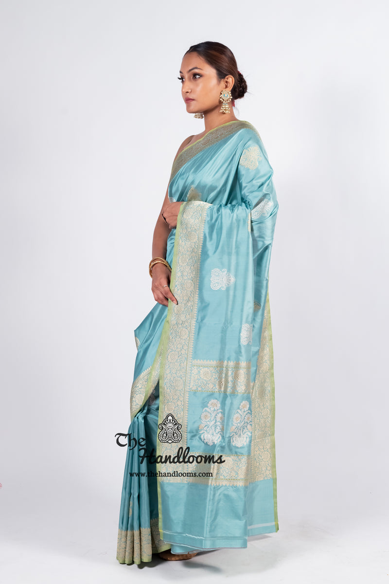 Aqua Blue Pure Katan Silk Banarasi Handloom Saree - All over Sona Roopa Kadua motifs - The Handlooms