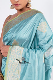 Aqua Blue Pure Katan Silk Banarasi Handloom Saree - All over Sona Roopa Kadua motifs - The Handlooms