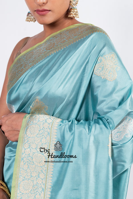 Aqua Blue Pure Katan Silk Banarasi Handloom Saree - All over Sona Roopa Kadua motifs