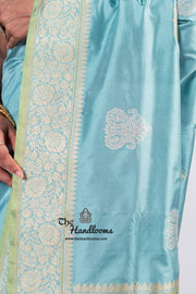 Aqua Blue Pure Katan Silk Banarasi Handloom Saree - All over Sona Roopa Kadua motifs - The Handlooms