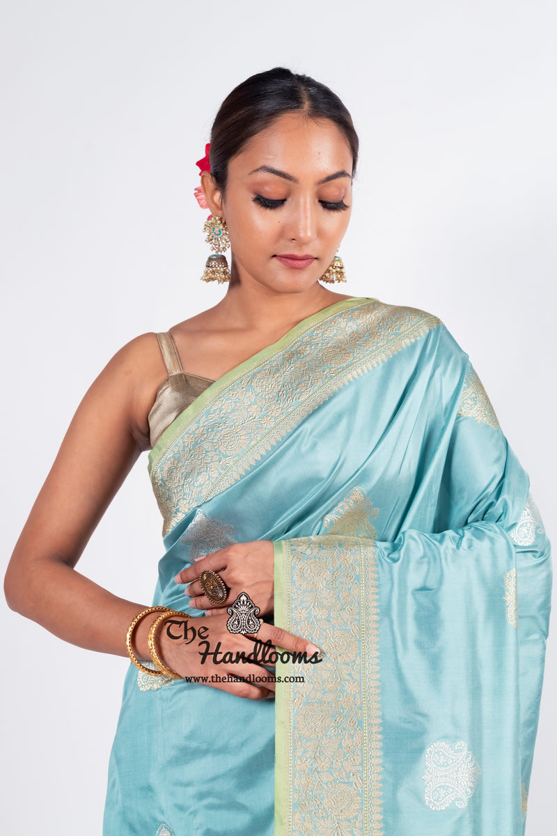 Aqua Blue Pure Katan Silk Banarasi Handloom Saree - All over Sona Roopa Kadua motifs - The Handlooms