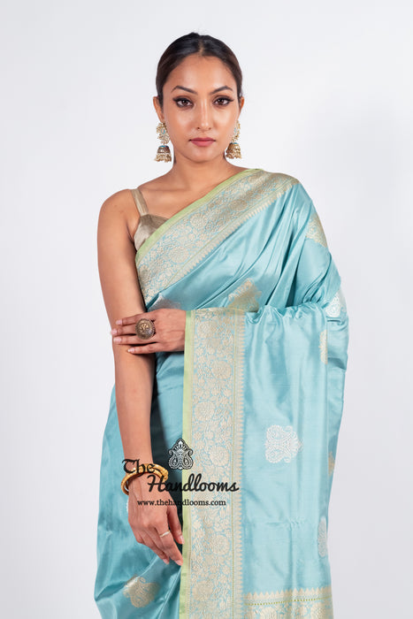 Aqua Blue Pure Katan Silk Banarasi Handloom Saree - All over Sona Roopa Kadua motifs