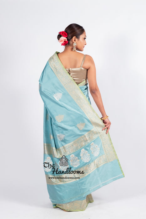 Aqua Blue Pure Katan Silk Banarasi Handloom Saree - All over Sona Roopa Kadua motifs