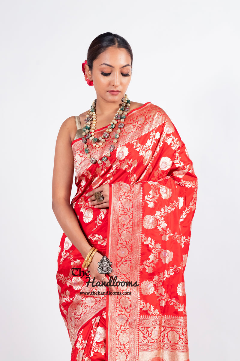 Red Pure Katan Silk Banarasi Handloom Saree - All over Sona Roopa Jaal work - The Handlooms