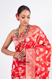 Red Pure Katan Silk Banarasi Handloom Saree - All over Sona Roopa Jaal work - The Handlooms